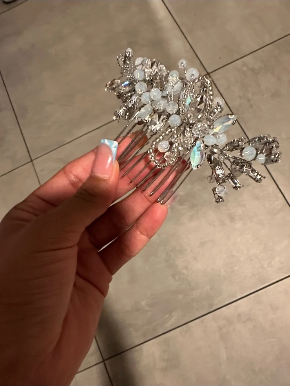 Silver Crystal Hair Comb with Opalescent Accents